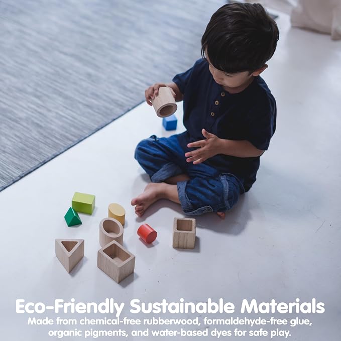 PlanToys® Geo Matching Blocks Wooden Shape Sorting Toy for Kids Ages 2+ - Image 7