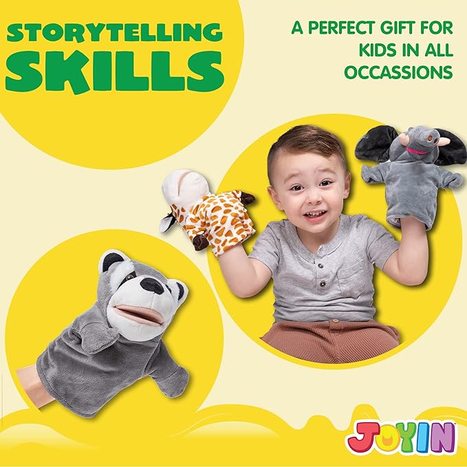 JOYIN 6Pcs Kids Hand Puppet Set with Working Mouth, Toddler Plush Toy Includes Elephant, Giraffe, Lion, Bear, Raccoon and Monkey for Show Theater, Christmas Birthday Gifts for Kid