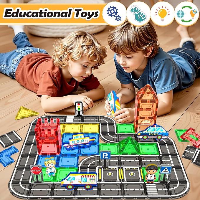 104 PCS Magnetic Tiles Road Set, STEM Magnet Toys Gift for 3+ Year Old Boys - Image 5