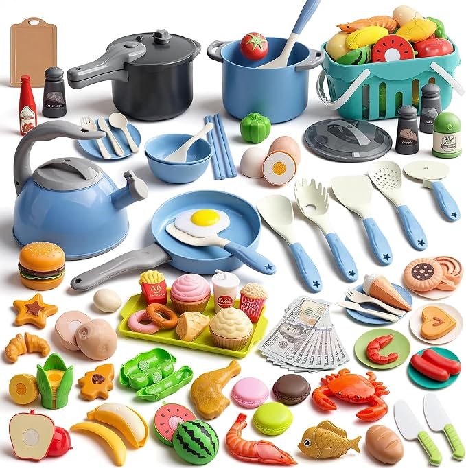 130Pcs Kitchen Playset, Toddler Pretend Cooking Play Pots, Pans, Utensils Cookware, Daily Food Fruit Veges, Shopping Storage Basket, Dessert, Prop Money, Learning Gift for Child (Blue) by Funpynani