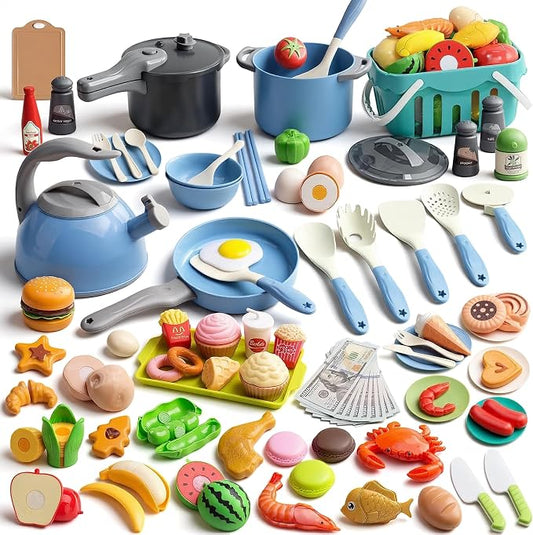 130Pcs Kitchen Playset, Toddler Pretend Cooking Play Pots, Pans, Utensils Cookware, Daily Food Fruit Veges, Shopping Storage Basket, Dessert, Prop Money, Learning Gift for Child (Blue) by Funpynani