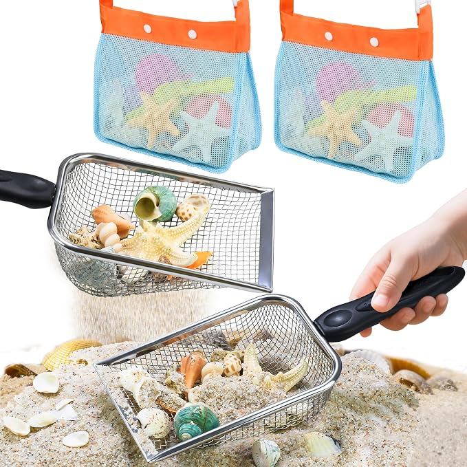 2 PCS Beach Mesh Shovel Sand Sifters with 2 PCS Mesh Beach Bag by QINGLER