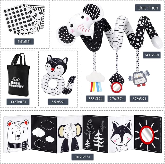 Joyreal High Contrast Baby Toys for Newborn, Black and White Baby Sensory Toys with Car Seat Toys,Infant Toys with Black White Cards Book, Montessori Toys for Baby Gifts (Elephant Theme) - Image 7