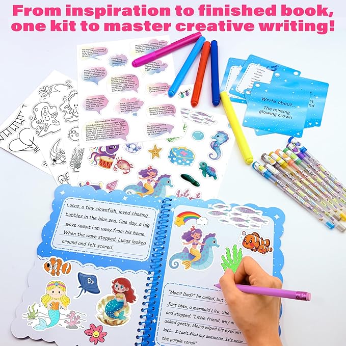 Storybook Art Kit, Create Fairytale Stories for Kids, DIY Craft Set with 400+ Stickers, 24 Pens, 2 Scrapbooking & Journal Activity, Arts and Crafts Supplies Gift for Boys & Girls Comic Book Making Kit