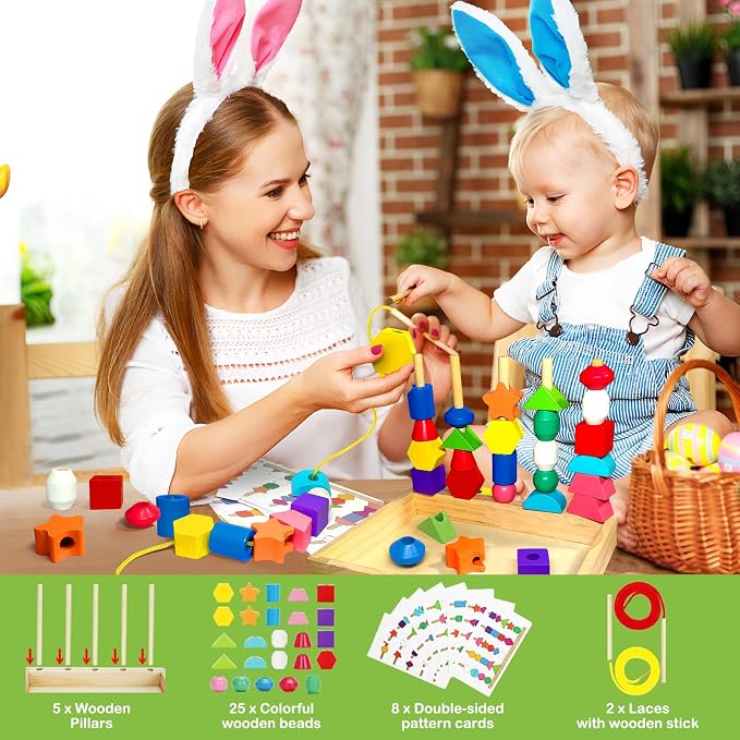 Montessori Wooden Beads Sequencing Toy Set, Sorting Stacking Blocks & Lacing Beads & Shape Matching Stacker for 2 3 4 5 Years Kids Preschool Learning Fine Motor Skills Toys Gifts for Toddler Boy Girl - Image 2