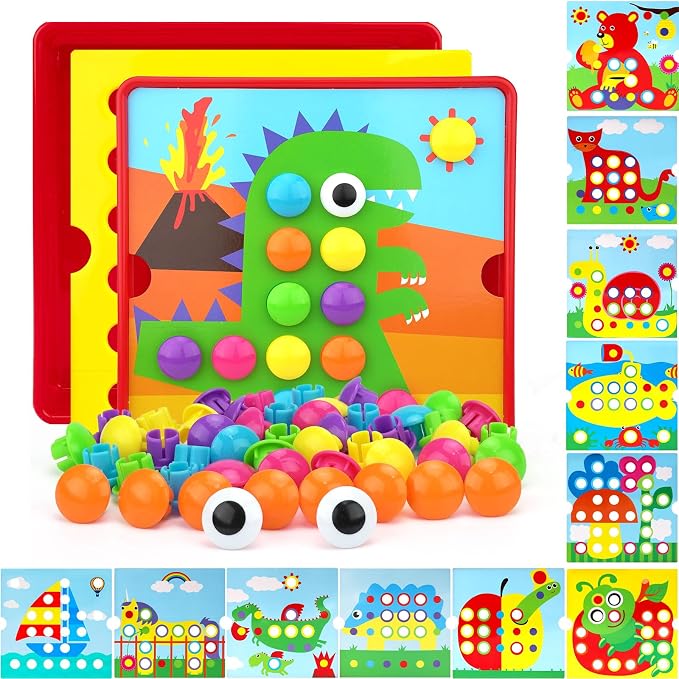 Button Art Pegboard for Toddlers - 12 Pics & 46 Buttons, Gift 3+ by AluAbi