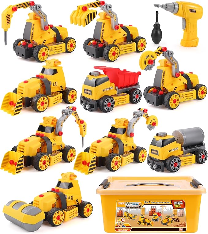 Construction Toys for 3 4 5 6 7 8 Year Old Boys 9 in 3 Take Apart Toys with Electric Drill Take Apart Truck Set DIY Engineering Building Toy Push & Go STEM Toy Gift for Boys Toys Age 6-8