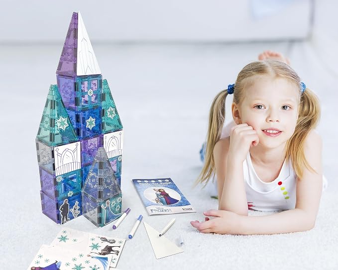 Tytan Toys Disney Frozen Magnetic Tiles Princess Castle - 68-Piece STEAM Building Set with Glitter Tiles & Elsa, Anna, Olaf Stickers - Educational Frozen Toys for Girls Age 3-4+ - Image 6