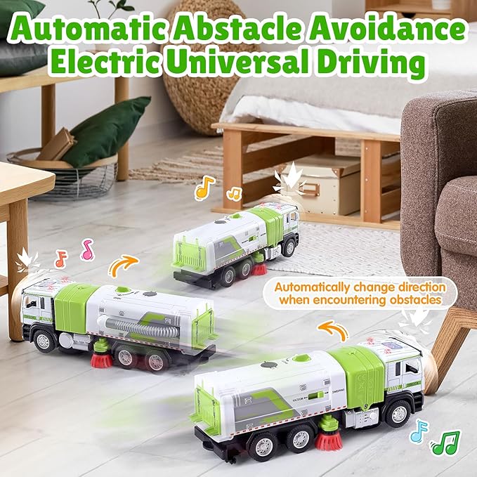 Garbage Truck Toy with Lights and Sounds, Play Vacuum Street Sweeper Trash Truck, Battery Powered Recycling Car Vehicle Toys for Boys Girls Kids Toddler Gift for Christmas Birthday