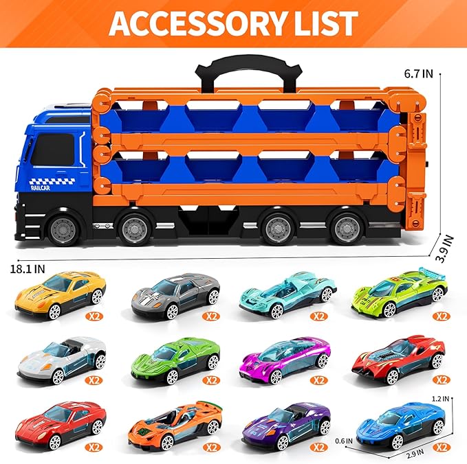 Transport Truck with 24pcs Die-Cast Cars Toys, Cars Toddler Toys Gifts for 2 3 4 5 6 7 Years Old Boys Girls