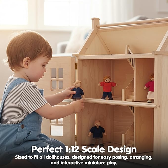 PlanToys® Wooden Dollhouse Family Set– Light Skin & Blonde Hair| 4 Poseable 1:12 Scale Doll House People | Montessori Pretend Play Figurines | Eco-Friendly Sustainable Wooden Toy for Kids