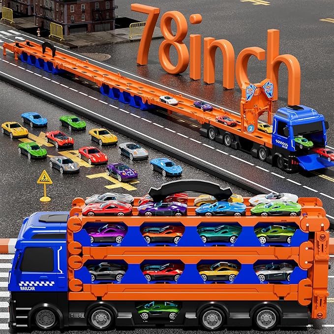 Large Truck Toys for Toddlers 1-3 2-4 3-5 4-7 Years Old Boys Kids, Transport Truck with 24 Pcs Die-Cast Cars, Toy Gifts for 3 4 5 6 Year Old Boys, Toddler Gift Toys for Ages 3-5 4-7