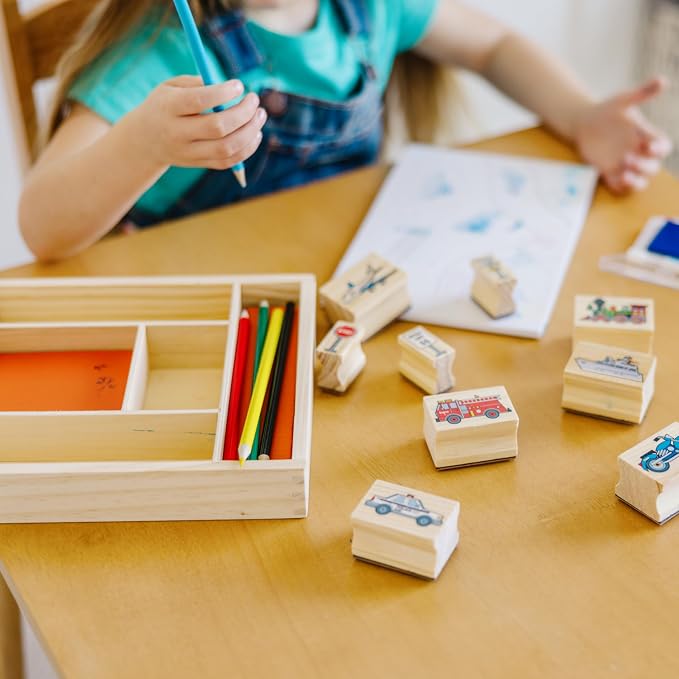 Melissa & Doug Wooden Stamp Set: Vehicles - 10 Stamps, 5 Colored Pencils, 2-Color Stamp Pad - Image 8