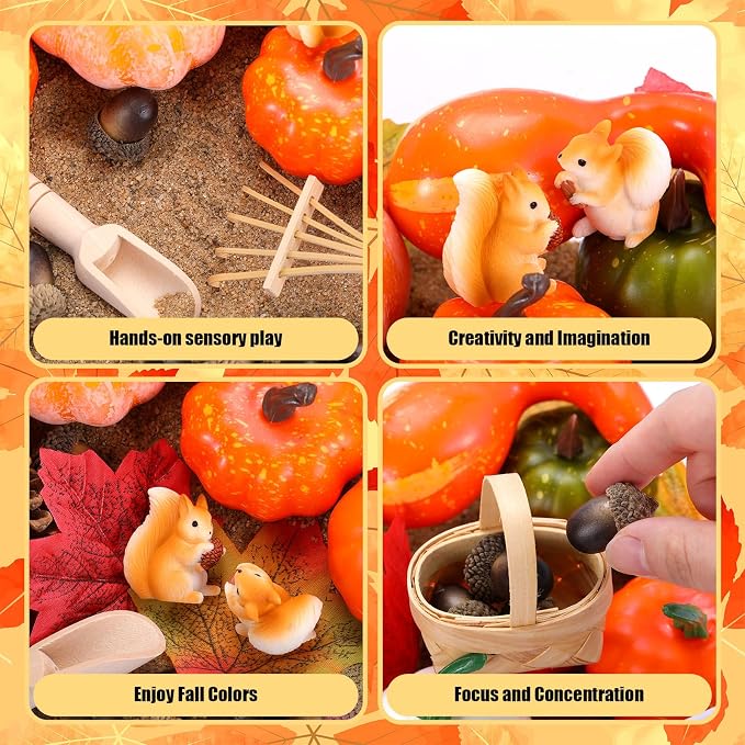 Beeveer 94 Pcs Fall Sensory Bin Fillers for Kids Fall Thanksgiving Fine Motor Toys Autumn Counting Sorting Toy with Leaves Squirrels Pumpkins Scarecrow Pine Cones for Preschool Education Activities - Image 7