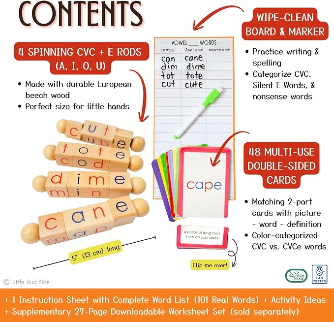 LITTLE BUD KIDS Magic Spin-E Blocks - A Silent E Phonics Toy & Montessori CVCe Reading Blocks for Kids Ages 4–7 - Image 7