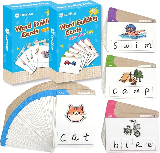 CVC CVCC CVCE CCVC Word Building Activity Cards 100 Writing & Spelling Phonics Flash Cards with 200 Words Phonemic Awareness Classroom Must Have Sight Words Practice Kindergarten Homeschool Supplies by LumiStar