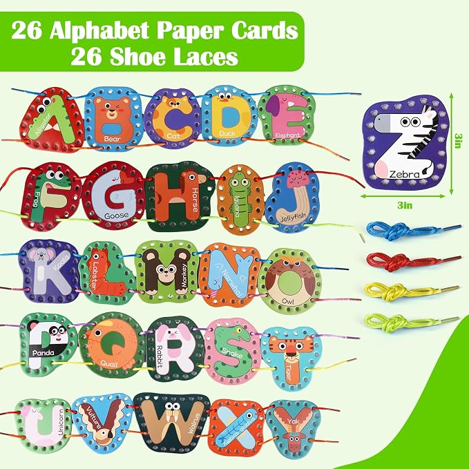 Vodolo 26 Pieces Lacing Cards Travel Sewing Kit for Kids, Letters Sequencing Threading Toy, Double Sided Fine Motor Skills Learning Toys, Classroom Supplies - Image 2