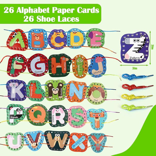 Vodolo 26 Pieces Lacing Cards Travel Sewing Kit for Kids, Letters Sequencing Threading Toy, Double Sided Fine Motor Skills Learning Toys, Classroom Supplies - Image 2