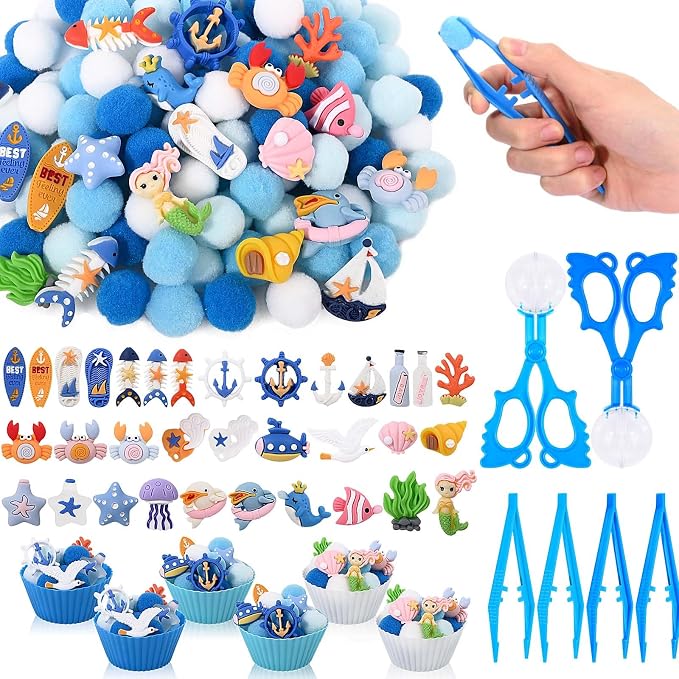 Sanixin 168 Pcs Ocean Sensory Bin Fillers Sea Animal Fine Motor Skills Summer Sensory Bin Item Pompoms Cups Tweezers Scissor Clips for Preschool Education Activities Sorting Counting (Sea) - Image 8