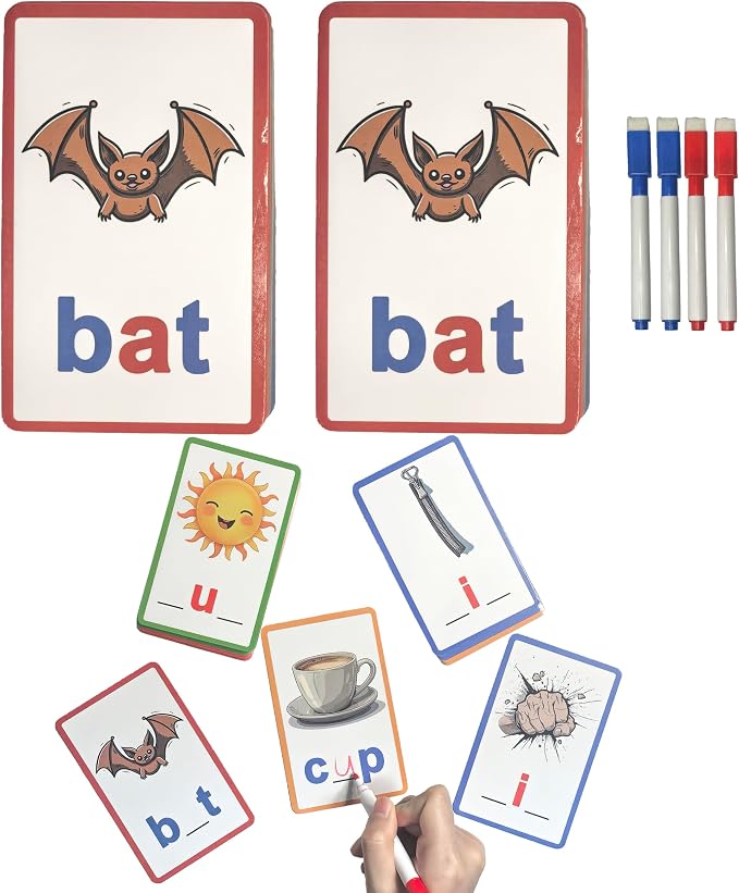 CVC Word Flash Cards, 96 Double-Sided Cards in 2 Sets, 4 Pens by Mathtoymultiplicationtable