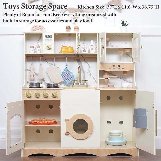 Play Kitchen set for kids and Toddlers with Realistic ICE Maker & Sounds,Wooden Toy Kitchen Set with 20 Accessories, Interactive Learning Toy for Pretend Play, Gift for Girls & Boys(Ages 3+)