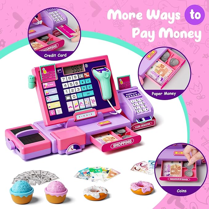 Upgraded Kids Cash Register Toy for Boys Girls, Toddler Pretend Play Cashier Register with Shop Accessories, Calculator Cash Register with Scanner/Credit Card (Pink)