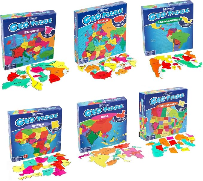 GeoPuzzle 6 Sets Individual Jigsaw Puzzles, Map Puzzle for Kids Ages 6 &Up by Geotoys