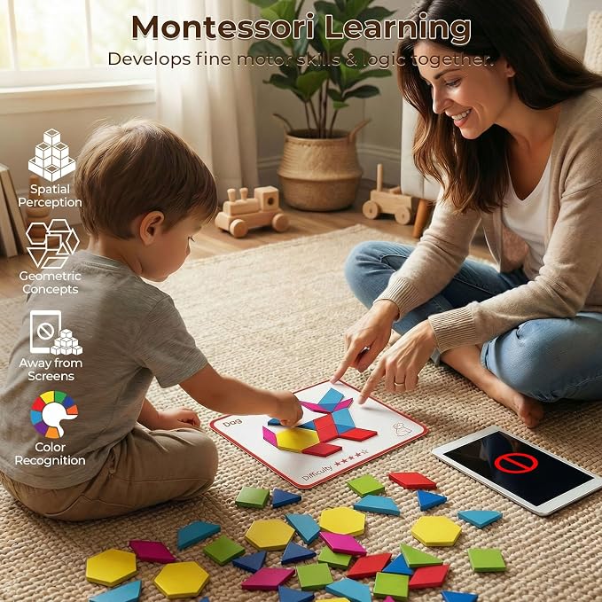 3 Otters 150Pcs Wooden Pattern Blocks Set, Geometric Tangram Shapes - Image 4