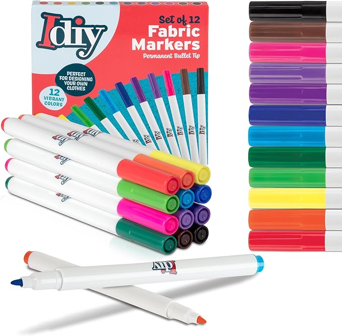Fabric Markers Set of 12 Permanent Paint Pens- Fine Bullet Tip for DIY Xmas Ornaments, Decorations, Clothes, Shoes, Bags- Non-Toxic Stocking Stuffers for Kids, Artists, Holiday Arts & Crafts Supplies