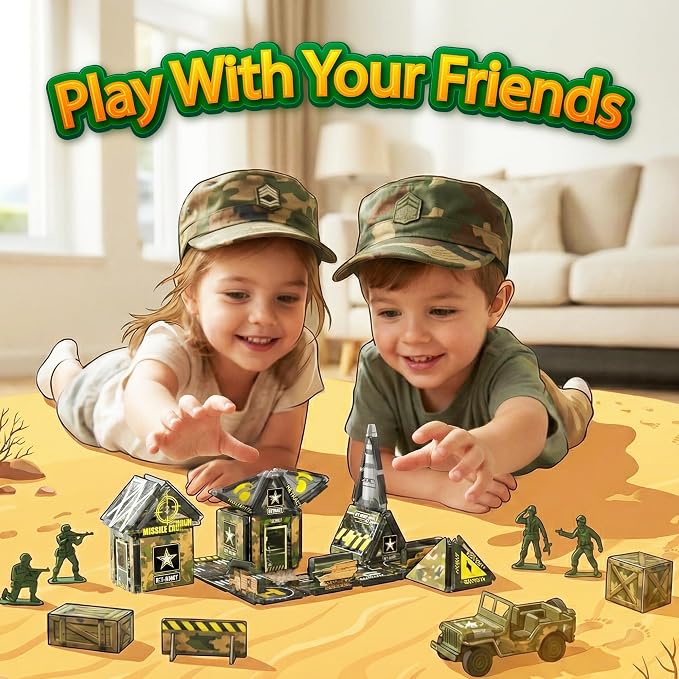 42PCS Mini Magnetic Tiles Army Base Travel Set with Iron Box - Image 5