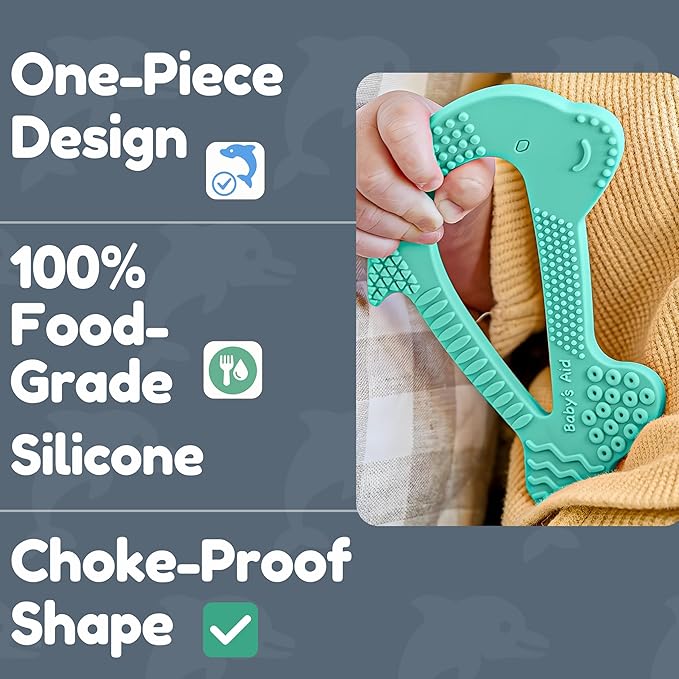 Dolphin Silicone Teether Toy with 8 Texture Zones, Easy Grip for Little Hands, Ages 3M+, Baby’s Aid (Aqua Mint)