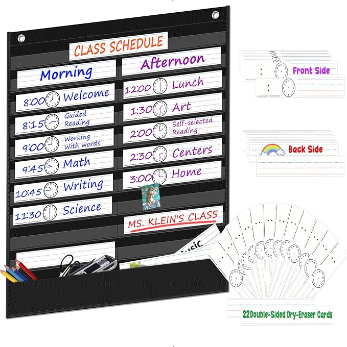 AKAYOK Daily Schedule Pocket Chart - Clear 19 Pocket Chart for Classroom with 22 Reusable Dry-Erase Cards | Perfect for Flash Cards/Sentence Strips/Cleaning Schedule and Checklist/Calendar Cards - Image 8