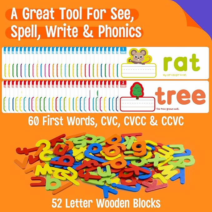 82PCS CVC & CVCC, CCVC Words Builders, 30 Double-Sided Cards & 52 Wooden Lowercase Letters, 2 Levels See & Spell Learning Tool STEM Educational Activities for 3 Years Old Boys and Girls - Image 2