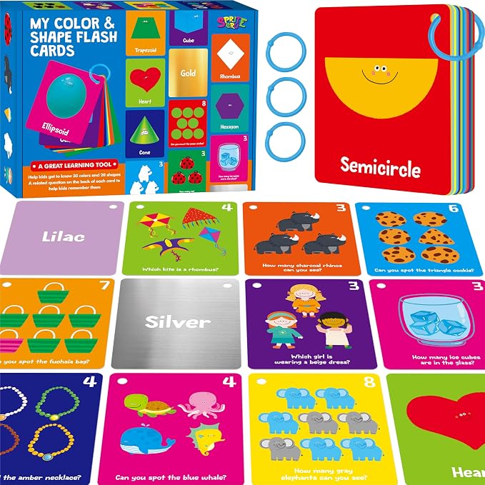 Color & Shape Flashcards, 50 Double-Sided Cards (30 Colors & 20 Shapes) Colorful Cards Educational Learning Tools for Preschool and Toddlers (3 Reclosable Rings Attached) by SpriteGru