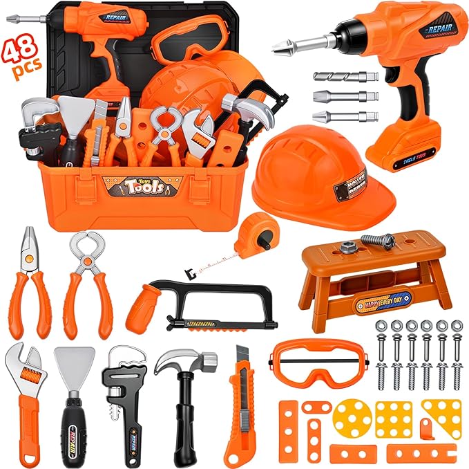 ‌Realistic Kids Drill Tool Set with 48PCS Tools & Sound Effects, Portable Construction Toy for Toddlers Ages 3+ with Safety Gear, STEM Learning Pretend Play for Family Bonding Activities
