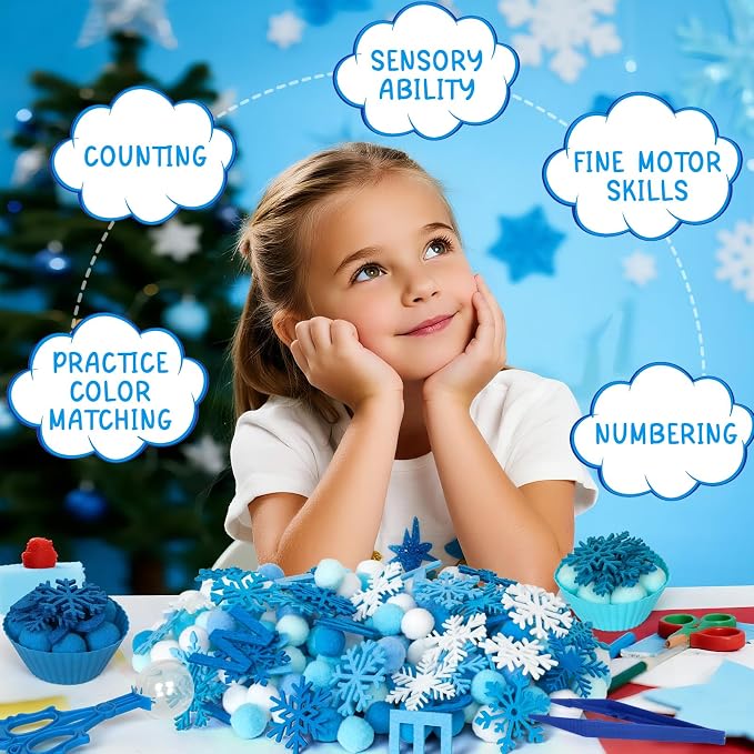 212 Pcs Winter Sensory Bin Items Hello Winter Snowflake Counting Sorting Sensory Bin Filler Fine Motor Toys Snowflake Counts Winter Xmas Counting Toys for Preschool Education Activities - Image 4