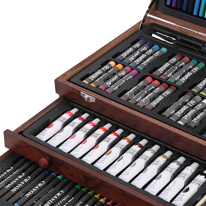 ZAICOLER 158 PCS Deluxe Art Set, Wooden Box Painting Drawing Kit with 2 Sketchbooks 24 Paints Oil Pastels Colored Pencils Crayons Brushes for Kids Teens Adults Artists Beginners
