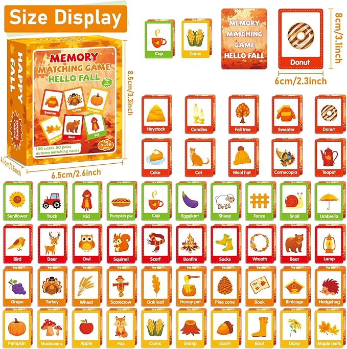 gisgfim 100 PCS Fall Memory Matching Game Thanksgiving Happy Fall Concentration Memory Games for Kids Educational Ages 3-8 A Fun & Fast Autumn Theme Memory Matching Games - Image 2
