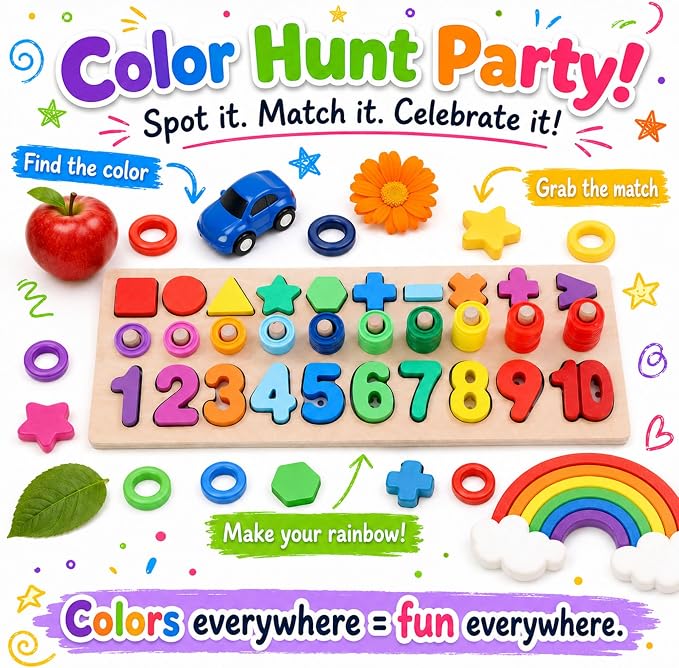 GeroCrew Wooden Montessori Toys for Kids Toddler Number Puzzles Sorter Counting Shape Stacker Stacking Game Preschool Toys for Boy Girl Learning Education Math Blocks Year Old Girl Gifts (Rainbow) - Image 8