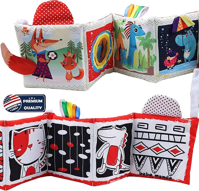 bebe mondo High Contrast Tummy Time Toys, Black and White Crinkle Books for Babies, Baby Books 0-6 Months, Infant Mirror Toy with Teether, Double-Sided Baby Toys for Boys and Girls