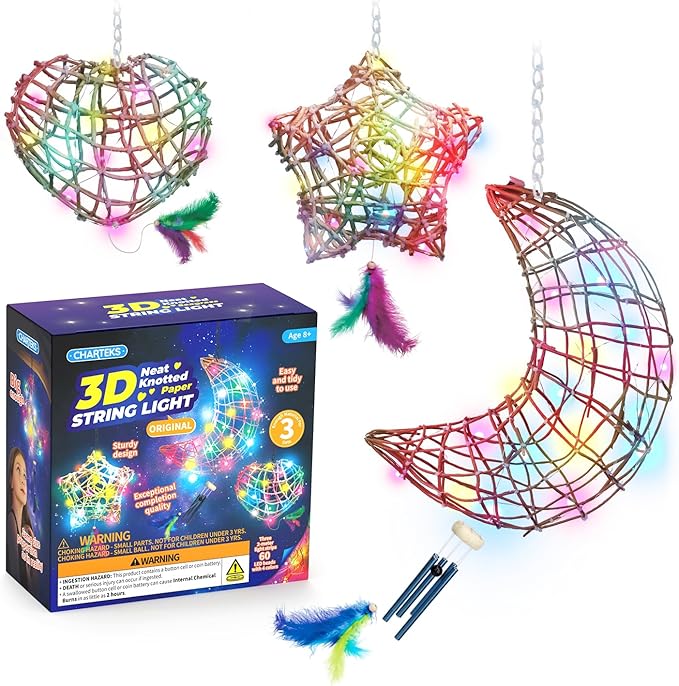 CHARTEKS 3D String Light Craft Kit for Kids, String Art Kit with LED Bulbs and Wind Chime, Arts and Crafts Set, Birthday Gifts for Girls Boys Ages 8+ (Original, Paper String)