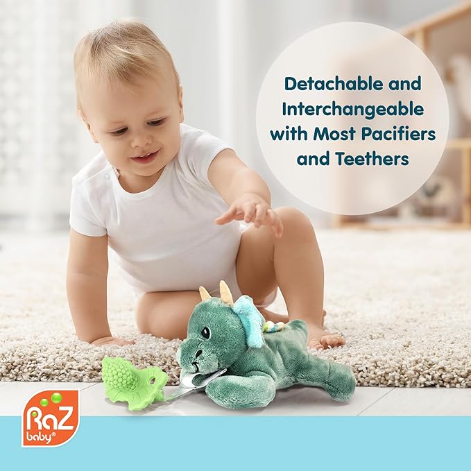 RaZbaby Dragon RaZbuddy w/RaZberry Teething Relief Pacifier – Soothes Sore Gums w/Nature-Inspired Texture, 100% BPA-Free Silicone Teether, Detachable Stuffed Animal – 3 Months+ Teether, Mint
