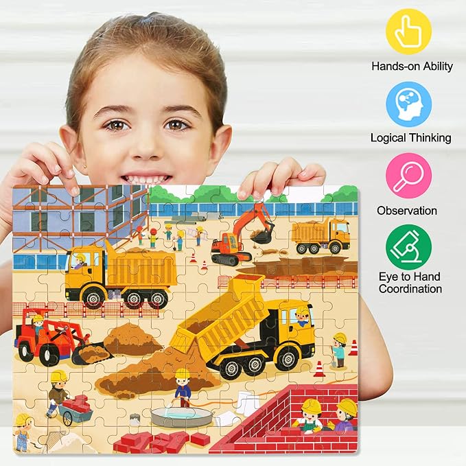 LELEMON 100 Pieces Jigsaw Puzzles in a Metal Box for Kids Age for 4-8 Boys Girls Toy Puzzles Construction Site Vehicles Children Learning Educational Puzzles Toys - Image 5