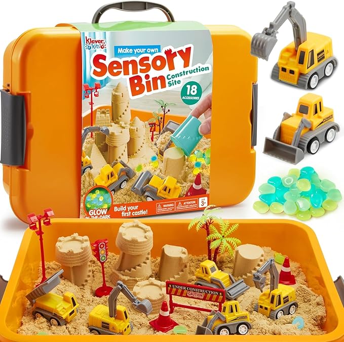 JOVA Klever Kits Construction Sensory Bin for Kids with Glow in The Dark Stones, Sandbox with Lid Castle Building kit, Preschool Learning Activities Gifts for Boys Girls Age 3+ by KleverKits