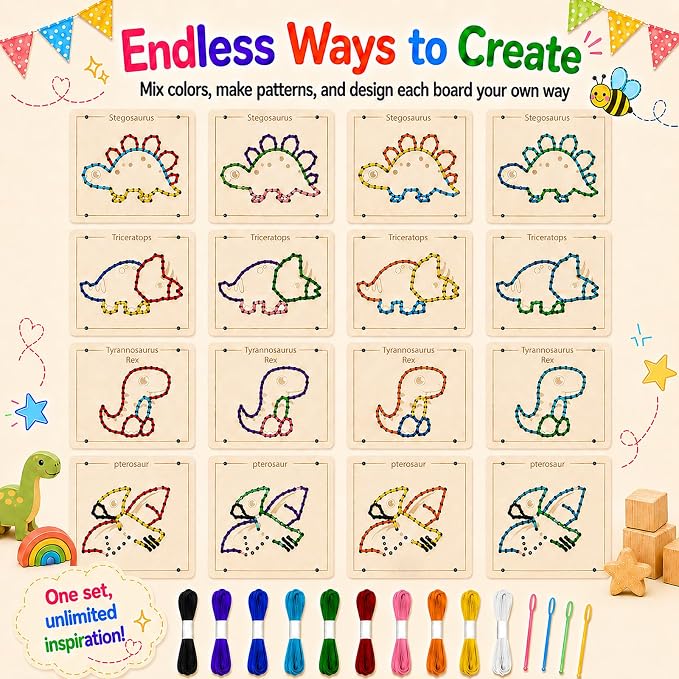 Montessori Wooden Lacing Dinosaur Toys for Toddlers and Kids Ages 2-4 5-7, Sewing Kit Fine Motor Skill Busy Board, Education Sensory Preschool Toy for 1 2 3 4 Year Olds, Birthday Gift for Boys Girls - Image 3