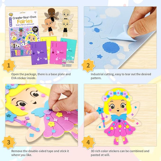 VKPI 4 Pieces EVA Foam Art Crafts Gift Kit, Creative Make Your Own Fairies, Cartoon Foam Paper Craft Projects for Kids Ages 4+ Toddler, Preschool Learning Toy for Birthday Party Favor Supplies