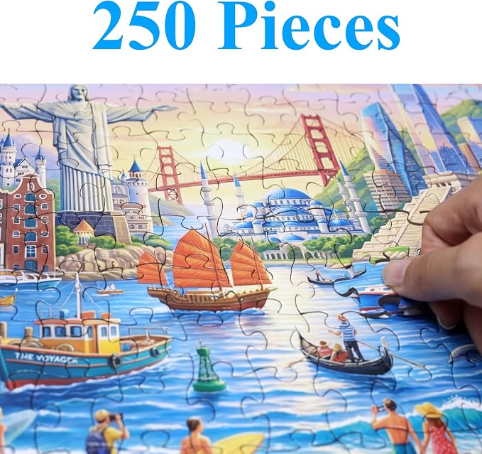 Think2Master Wonderful World 250 Pieces Large Format Jigsaw Puzzle: 13+, Adults & Families. Vibrant Travel-Themed Beautifully Illustrated Landscape Painting of Famous Landmarks Size: 19.3” X 14.2” - Image 2