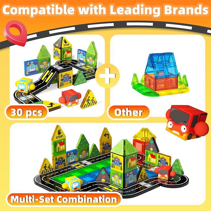 GobiDex Mini Magnetic Tiles Road Set with 2 Cars for Kids Ages 3+ - Image 4