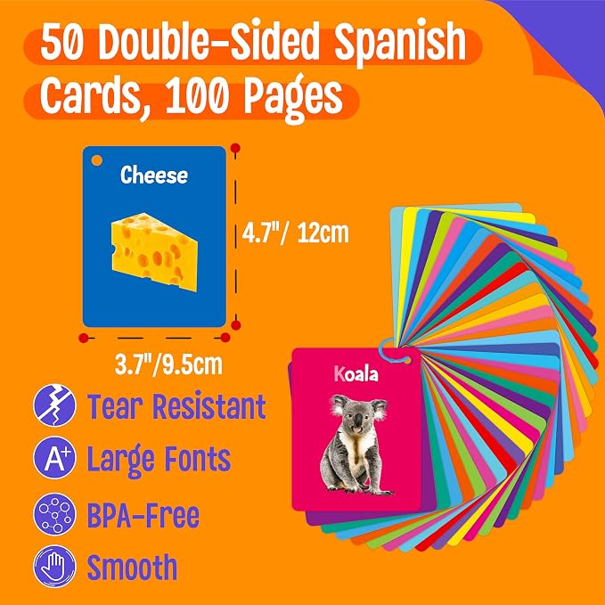 50 PCS Early Learning Flashcards, 7 in 1 Double Sided Cards- Alphabet, Numbers, Foods, Animals, Shapes, Colors with 2 Reclosable Rings, Learning Tool for Pre-K Kindergarten Toddlers - Image 2