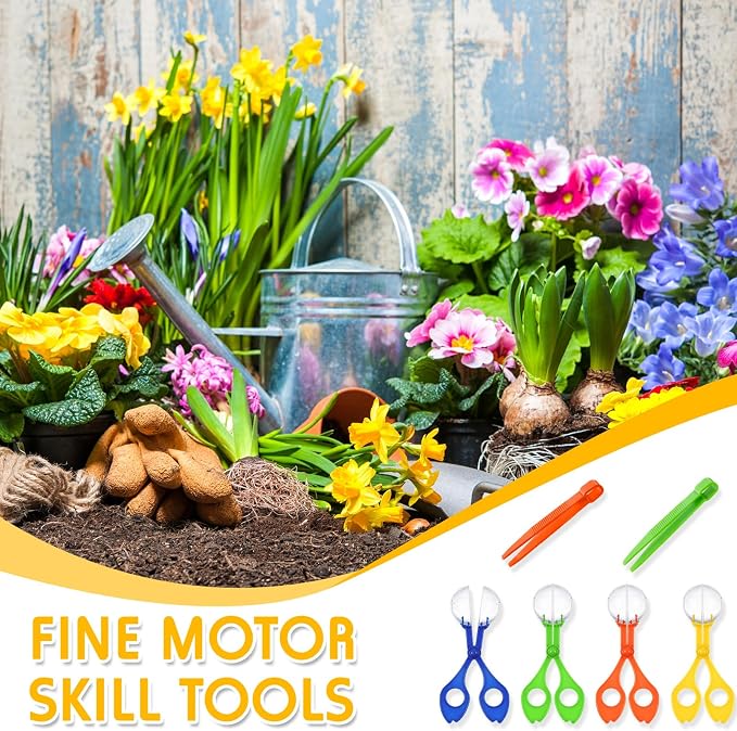 Mudder 12 Pcs Sensory Bin Tools, 6 Bug Catching Tweezers & 6 Scoopers, Hands Fine Motor Tool Set, Fine Motor Skills Toys Backyard Explorer Outdoor Tool Nature Exploration Observation - Image 4